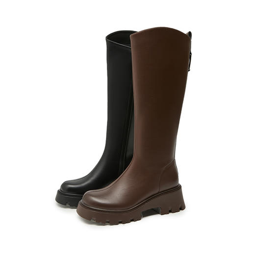 西遇增高厚底长筒骑士靴女新款秋冬小个子宽筒皮靴圆头黑色长靴子V3547571 商品图5