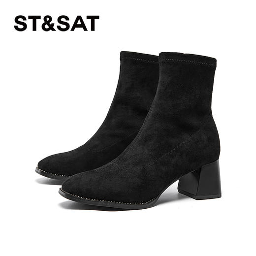 星期六质感绒面显瘦百搭粗跟短靴SSC4116413 商品图1