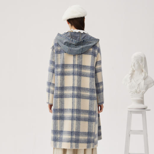谜底蓝格子毛呢大衣女士2024秋新品连帽牛角扣呢子外套243MD1123 商品图3