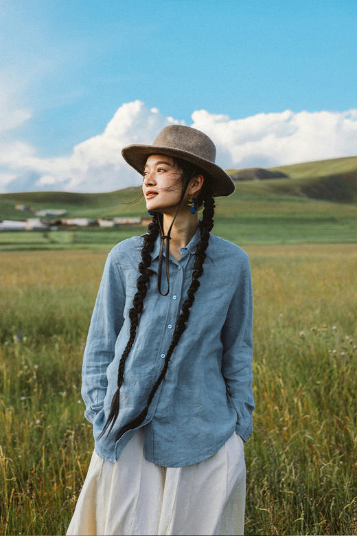 * 绽放642朵/秀场衬衫进口石磨洗亚麻可拆卸飘带翻领系带长袖衬衫 商品图5