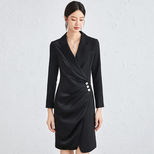 黑色长袖连衣裙职业正装主持人正式场合收腰显瘦前台工作西装裙 商品图4