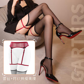 霏慕情趣丝袜蕾丝诱惑角色扮演 性感蕾丝吊袜带一体连裤袜成人用品7248情趣内衣打底袜丝滑超薄 黑红【单件连腰吊带一体袜】 均码