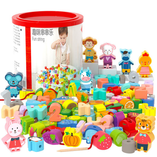 【从小培养宝宝动手能力】儿童森林动物串珠堆叠积木 拼搭木质玩具益智桶装游戏积木 动物水果穿绳串串珠 益智玩具0-3岁宝宝玩具-QQ 商品图3
