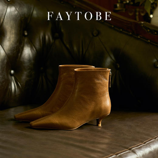 faytobe尖方头短靴25春时尚胎牛皮百搭经典小低跟设计感女瘦瘦靴 商品图1