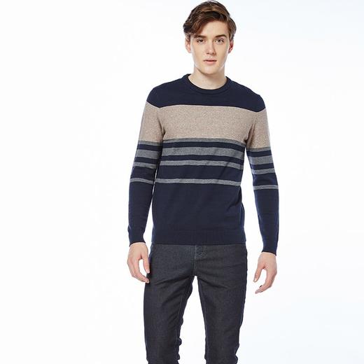 波顿针织衫男士秋冬季修身套头长袖条纹拼色圆领打底毛衫MU711317 商品图4