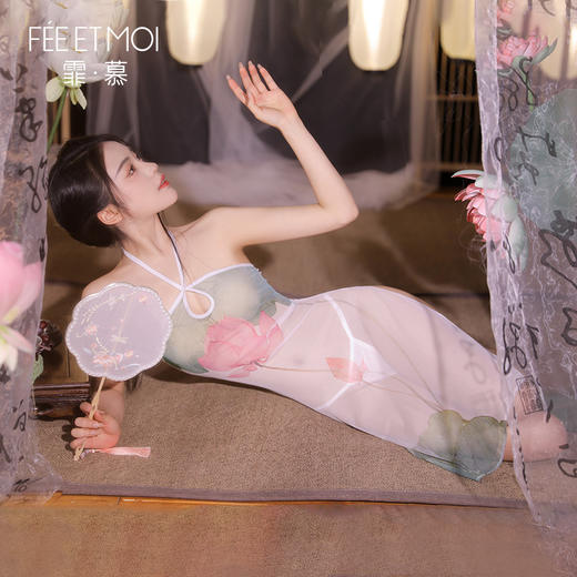 霏慕 淡雅风映日荷花透纱旗袍情趣内衣古风睡衣性感套装6460 商品图3