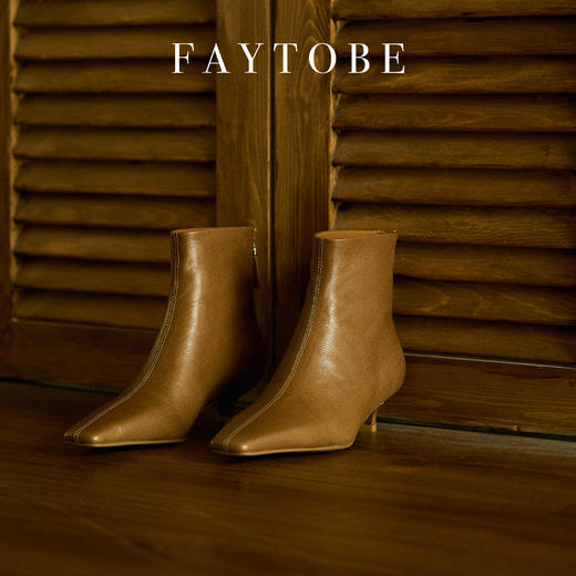 faytobe尖方头短靴25春时尚胎牛皮百搭经典小低跟设计感女瘦瘦靴 商品图4