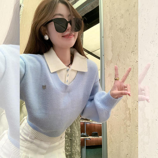 <曾小咸推荐>设计感假两件蓝色翻领针织衫毛衣 商品图1