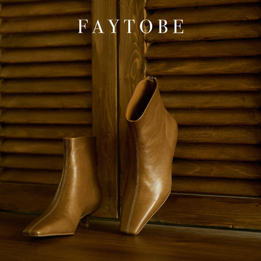 faytobe尖方头短靴25春时尚胎牛皮百搭经典小低跟设计感女瘦瘦靴 商品图2