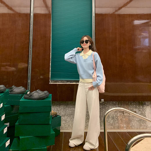 <曾小咸推荐>设计感假两件蓝色翻领针织衫毛衣 商品图2