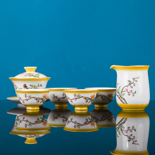 黄地扒花粉彩绵绣吉祥杯6头茶具 商品图1
