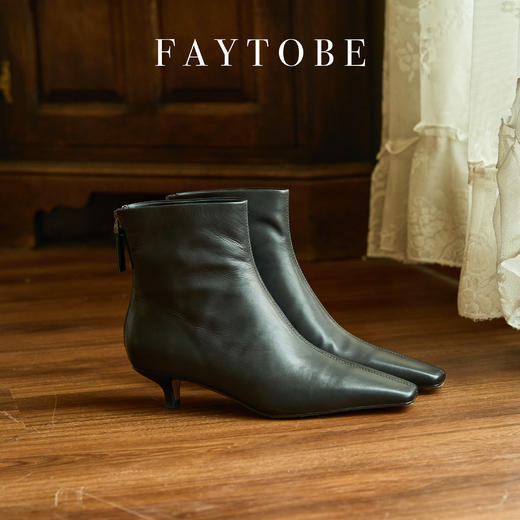 faytobe尖方头短靴25春时尚胎牛皮百搭经典小低跟设计感女瘦瘦靴 商品图11