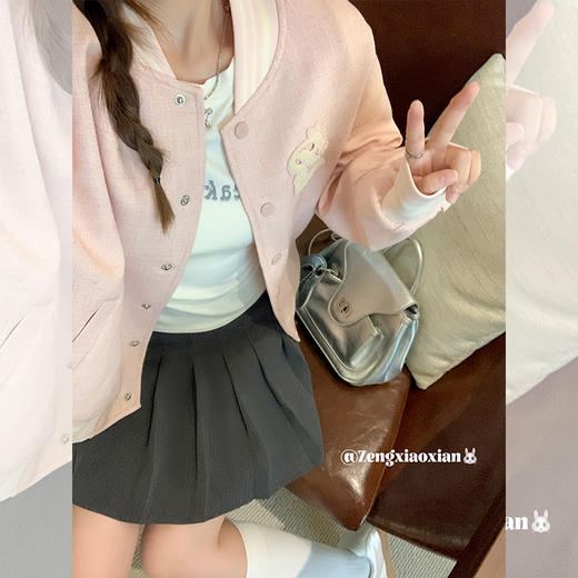 <曾小咸推荐>学院风浅粉色短款棒球外套 日常229.99 立减90 秒杀139.99！！ 商品图1