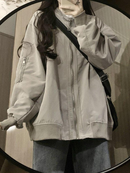 秋季新款【开衫棒球服外套】宽松百搭休闲情侣装棒球服 设计感小众灰色外套 商品图0