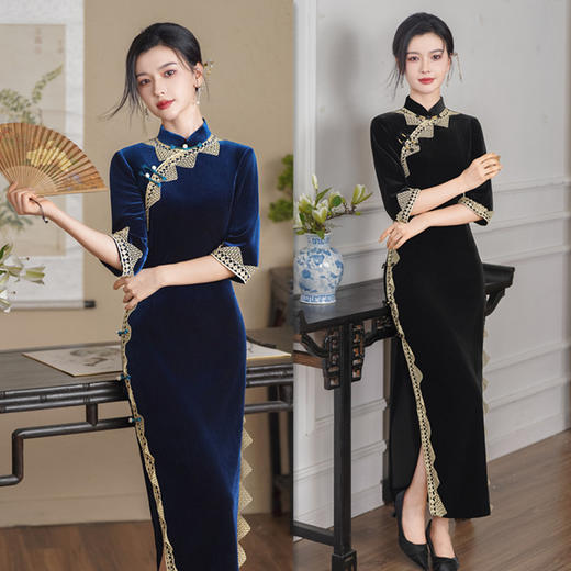 2024秋季新款复古国风中老年走秀纯色丝绒花边长款七分袖旗袍SYK907905 商品图0