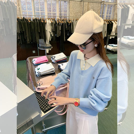 <曾小咸推荐>设计感假两件蓝色翻领针织衫毛衣 商品图4