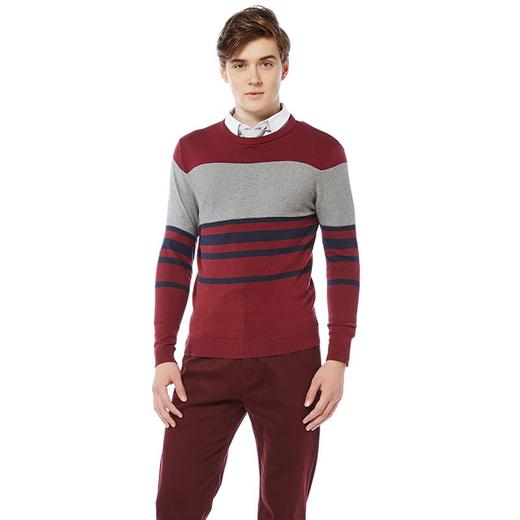 波顿针织衫男士秋冬季修身套头长袖条纹拼色圆领打底毛衫MU711317 商品图3