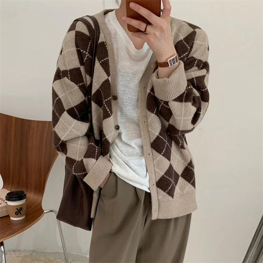 秋冬新款【毛衣女菱格针织开衫】韩系小众设计感慵懒上衣外套外穿 商品图9