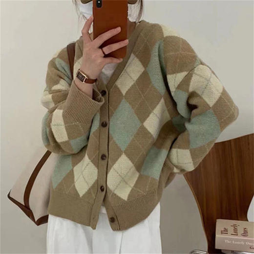 秋冬新款【毛衣女菱格针织开衫】韩系小众设计感慵懒上衣外套外穿 商品图0