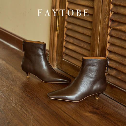 faytobe尖方头短靴25春时尚胎牛皮百搭经典小低跟设计感女瘦瘦靴 商品图5