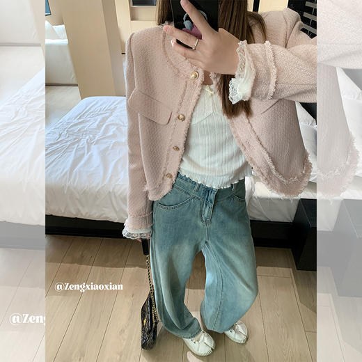 <曾小咸推荐>韩系百搭时尚粉色短款小香风外套 商品图0