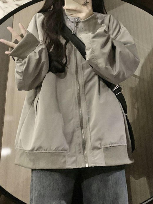 秋季新款【开衫棒球服外套】宽松百搭休闲情侣装棒球服 设计感小众灰色外套 商品图4