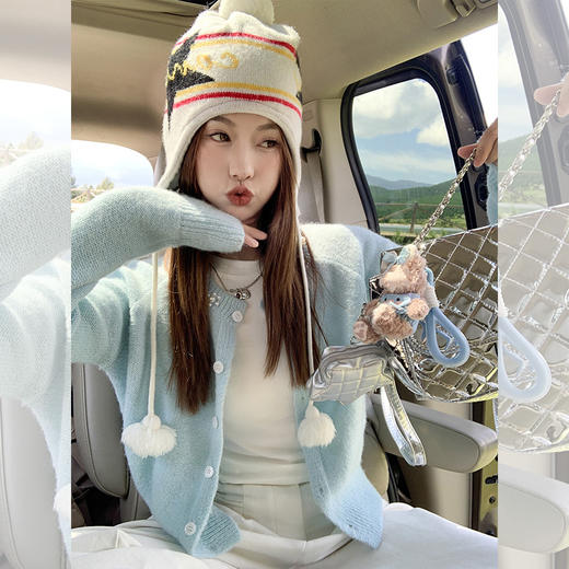 <曾小咸推荐> 韩系甜美领口珍珠设计蓝色毛织开衫   商品图1