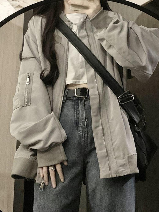 秋季新款【开衫棒球服外套】宽松百搭休闲情侣装棒球服 设计感小众灰色外套 商品图2