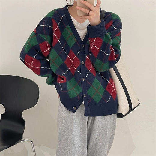 秋冬新款【毛衣女菱格针织开衫】韩系小众设计感慵懒上衣外套外穿 商品图3
