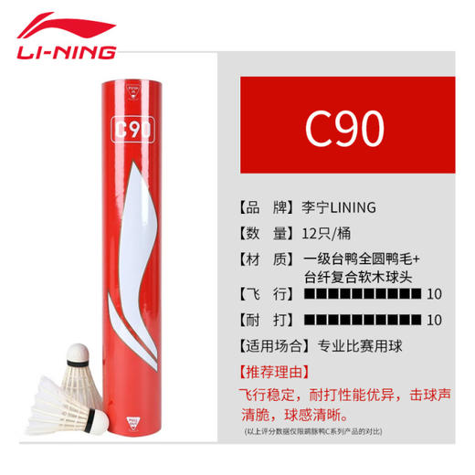 【同城】李宁 羽毛球 C90 一级全圆鹚豚鸭毛（台纤复合软木） 商品图0
