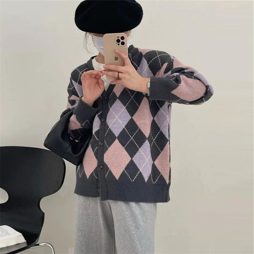 秋冬新款【毛衣女菱格针织开衫】韩系小众设计感慵懒上衣外套外穿 商品图2