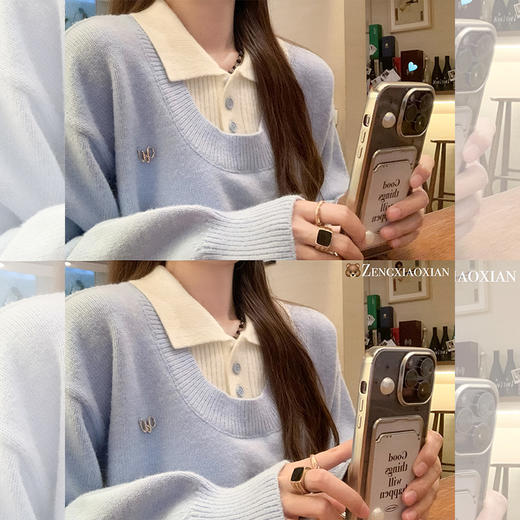 <曾小咸推荐>设计感假两件蓝色翻领针织衫毛衣 商品图0