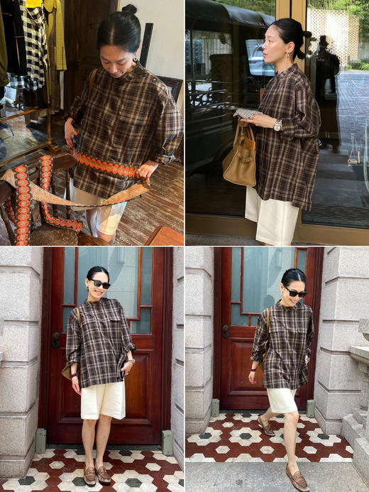 HIDEMI 限定色织格纹极简设计感口袋圆领宽松小男孩衬衫 商品图4