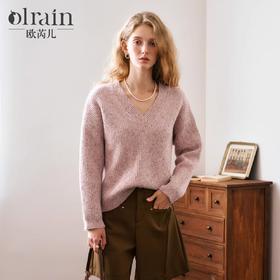 OLrain欧芮儿粉色V领毛衣女秋季2024新款慵懒风通勤宽松套头上衣