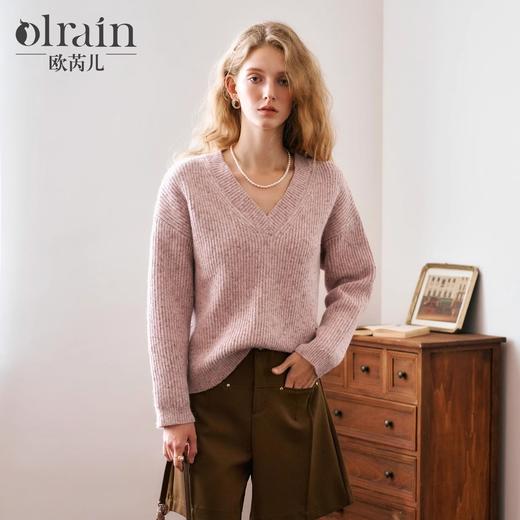 OLrain欧芮儿粉色V领毛衣女秋季2024新款慵懒风通勤宽松套头上衣 商品图0