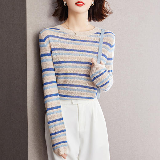 雀说新款镂空条纹针织衫防晒衣女装设计感洋气撞色拼接上衣AL37045 商品图2
