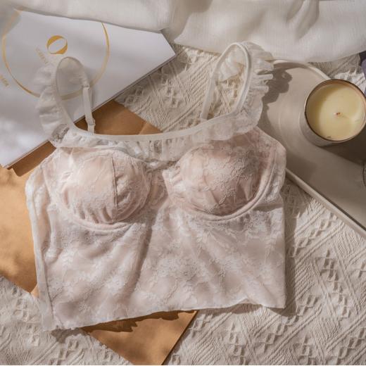 轻薄蕾丝软钢圈美背内衣 白色带胸垫性感内衣女 蕾丝吊带背心一体式 薄款胸罩 美背可外穿文胸 商品图3