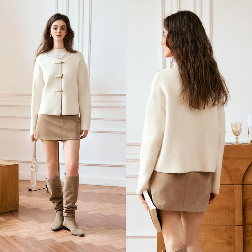 OLrain欧芮儿法式杏色毛衣女秋季2024年新款新中式圆领针织开衫 商品图1