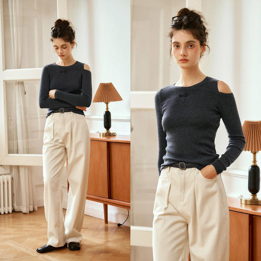 
OLrain欧芮儿长袖套头针织衫女秋季2024年新款设计感镂空针织上衣 商品图1