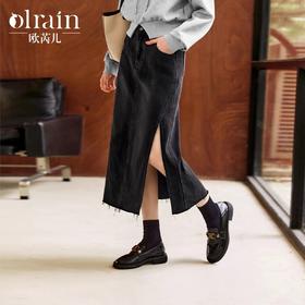 
OLrain欧芮儿黑色牛仔半身裙女早秋2024新款复古高腰直筒开衩半裙