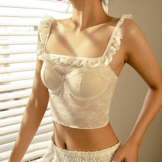 轻薄蕾丝软钢圈美背内衣 白色带胸垫性感内衣女 蕾丝吊带背心一体式 薄款胸罩 美背可外穿文胸 商品图1