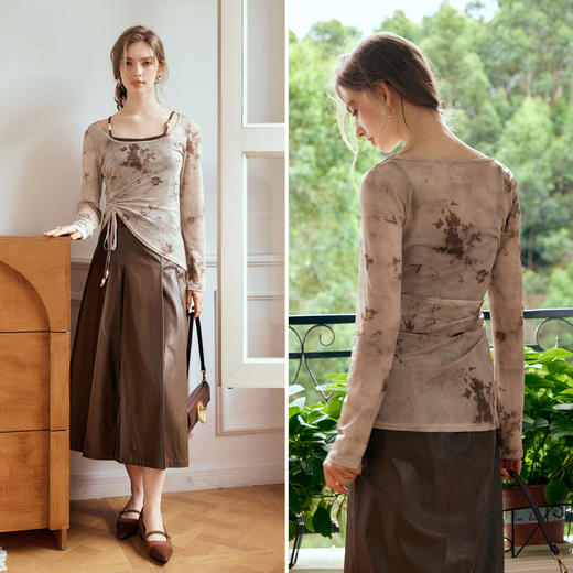 
OLrain欧芮儿法式杏色长袖T恤女秋季2024年新款法式气质显瘦上衣 商品图1