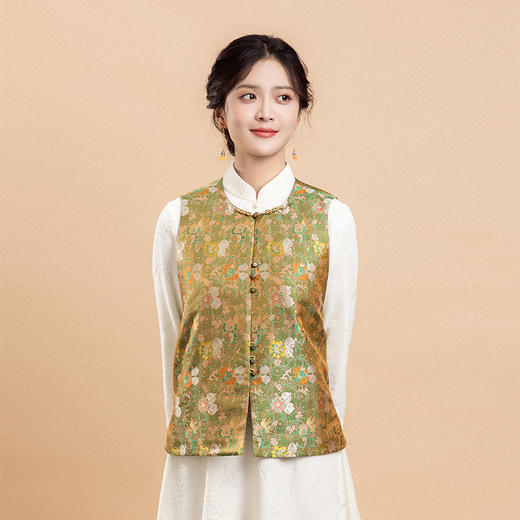荷言HEYEN 多福榴 非遗宋锦真丝马甲黄绿色复古新中式高定系列 商品图0