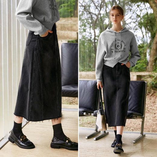 
OLrain欧芮儿黑色牛仔半身裙女早秋2024新款复古高腰直筒开衩半裙 商品图1