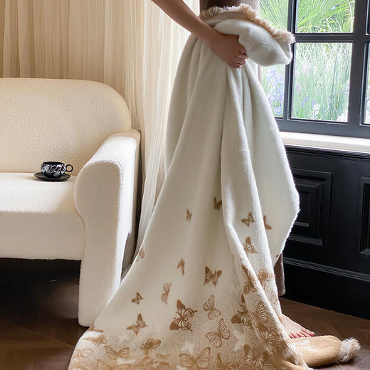 自然醒貂绒毛毯国风系列高端蝴蝶花卉长毛貂绒毛毯流苏毯双面盖毯保暖厚实秋冬单人毯MT 商品图7