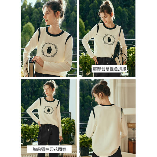 OLrain欧芮儿法式长袖T恤女夏季2023年新款宽松复古印花拼色上衣 商品图2