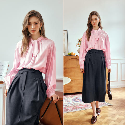 
OLrain欧芮儿樱花粉长袖衬衫女秋季2024年新款设计感飘带条纹衬衣 商品图1