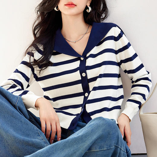 雀说海军领长袖针织开衫新款设计感小众撞色毛衣上衣外套AL17002 商品图0