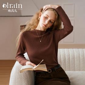 OLrain欧芮儿咖啡色长袖针织衫女秋季2024新款简约丝光羊毛打底衫