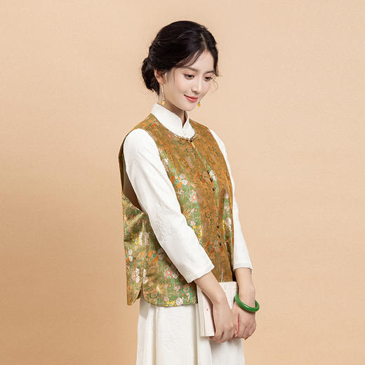 荷言HEYEN 多福榴 非遗宋锦真丝马甲黄绿色复古新中式高定系列 商品图1